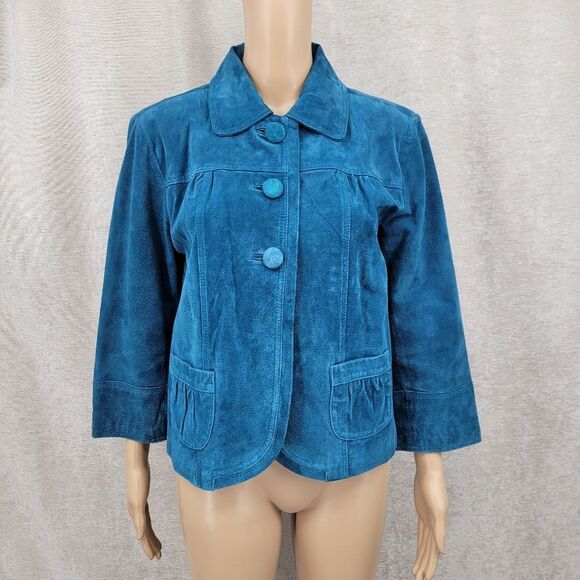 Chico's Y2K Leather Suede Teal Blue Cropped Jacket - Picture 1 of 13